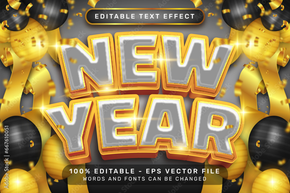 Poster happy new year 3d text effect and editable text effect whit ribbon bows and balloons illustration
