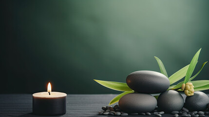 Minimalistic spa background with candle and stones 