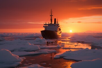 A mesmerizing Arctic sunset as an icebreaker carves its icy path - obrazy, fototapety, plakaty