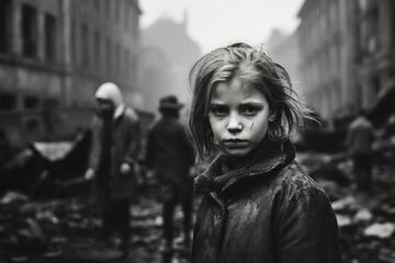 girl against the backdrop of a destroyed city. A dramatic depiction of the tragedy of the modern world.