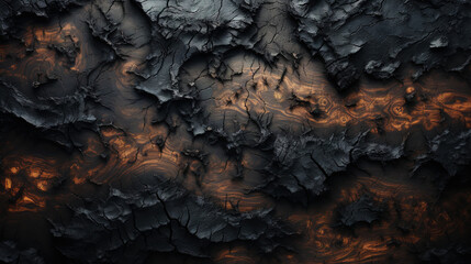 Charred wood bark black texture. Detailed macro close-up view of tree burned scratched cork...