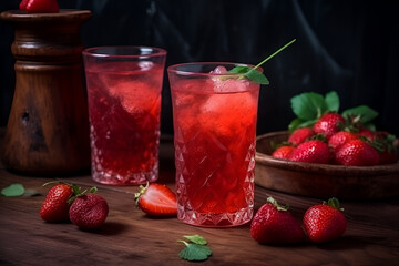 Fresh Strawberry Cocktail on Wooden Table, fresh Strawberry drink | Ai generated