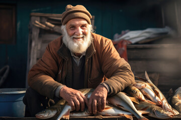 An elderly man fisherman with a catch of fish. A fisherman on the shore cuts his catch.