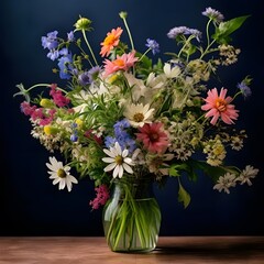 A bouquet of wildflowers in a vase on a dark blue background