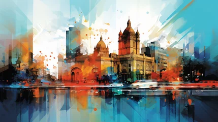Stickers pour porte Peinture d aquarelle gratte-ciel Abstract building in india