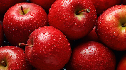 Top View Group of Fresh Red Apple Fruits With Water Drops Dark Background Selective Focus
