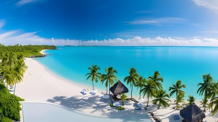 Panorama of beautiful beach in Maldives with few palm trees.