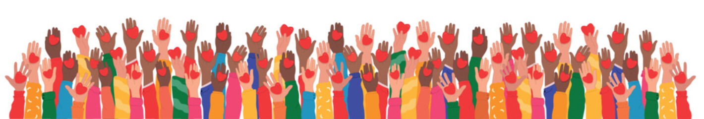 Multinational raised hands holding hearts, giving support, sharing compassion and hope with those in need. - obrazy, fototapety, plakaty
