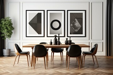 Minimalist dining room with art deco geometric patterns showcasing modern elegance and a mockup poster frame template. Generative AI
