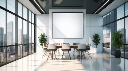 Modern meeting room with white walls and panoramic windows.
