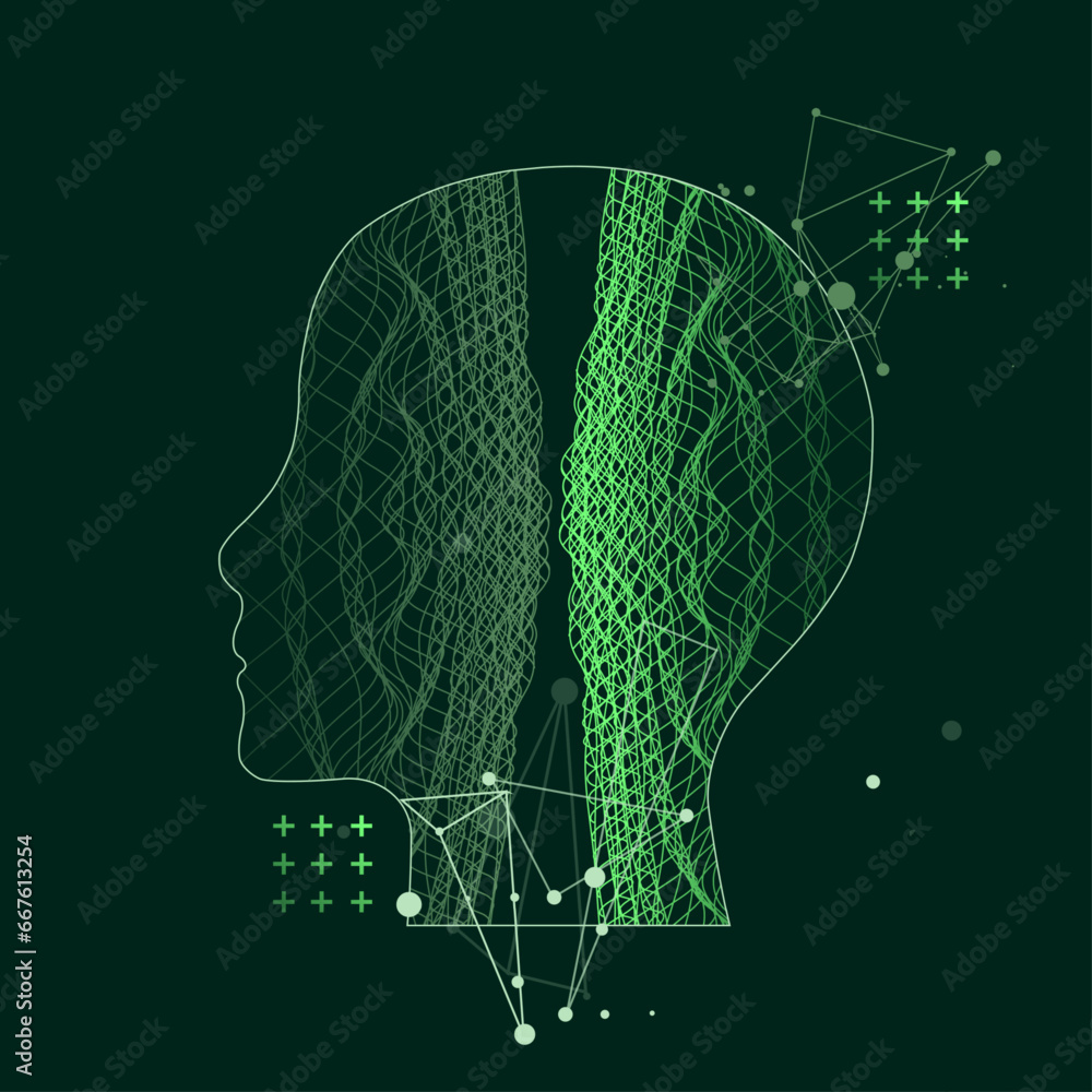 Poster Outline of a human head with an abstract wave. Plexus effect.