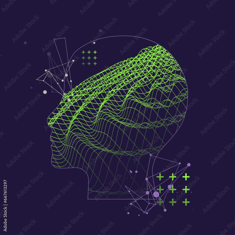 Aufkleber Outline of a human head with an abstract wave. Plexus effect.