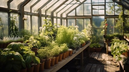 Fototapeta na wymiar Lush herb garden in greenhouse.