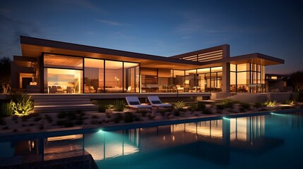Fototapeta na wymiar Modern Luxury Home with swimming pool at night. Panoramic view
