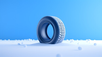 sur un petit tas de neige, un pneu neige - fond bleu	
