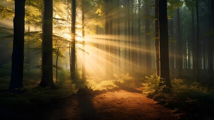 Mysterious dark forest with fog, sunbeams and rays of light. Panorama