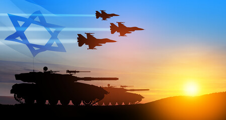 Silhouettes of army tanks and fight planes on background of sunset with a transparent waving Israel...