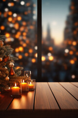 Wooden table with candles christmas tree against blurry cityscape.