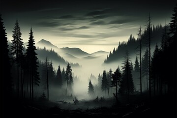 A tranquil, monochromatic forest silhouette, cloaked in an air of mystery