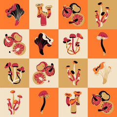 Mushroom tiles beige and orange background. Vector hand drawn fungus food illustration for for greeting card, fabric, wallpaper or wrapping paper