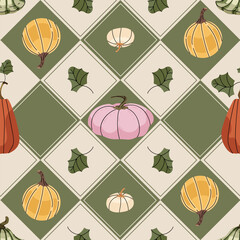 Pumpkin with green leaves tile seamless rustic pattern vector perfect for Thanksgiving, fall, autumn, Halloween cards, fabric, banners, invites, wrapping paper, wallpaper