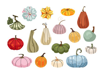 Different types of pumpkins vector set isolated on white background. Autumn pumpkins big collection hand drawn in flat style. Fall Thanksgiving Halloween holiday illustration