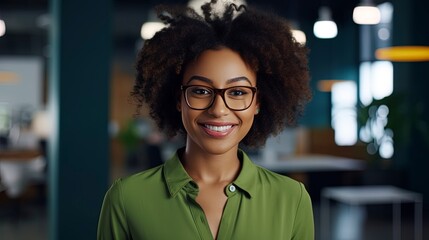 Portrait of beautiful professional African American businesswoman looking at camera with a out of focus office in the background. Modern corporate office workplace scene.