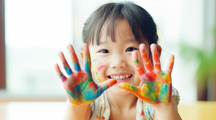 Smiling Asian girl with paint on her hands. Generative AI.