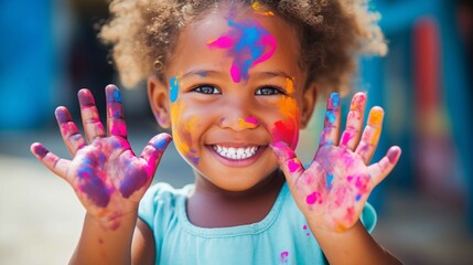 Smiling African girl with paint on her hands. Generative AI.