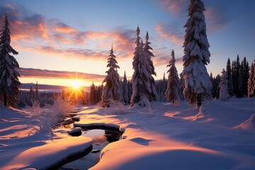A winter wonderland landscape bathed in the warm hues of sunset - obrazy, fototapety, plakaty