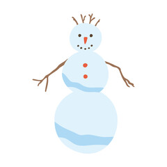Snowman vector illustration. Flat cartoon traditional seasonal winter character made of snow with branch arms and smiling face. Merry Christmas concept. Cute snow sculpture