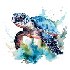 Colorful Watercolor Sea Turtle with Coral