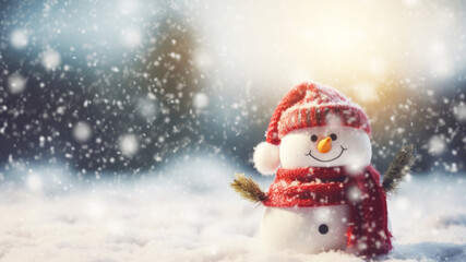 Naklejka na ściany i meble Cute snowman smiling in the winter snow