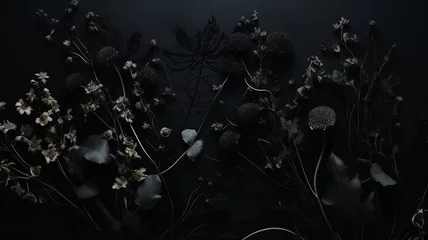 Fotobehang black flowers ornament on dark background gothic style © kichigin19