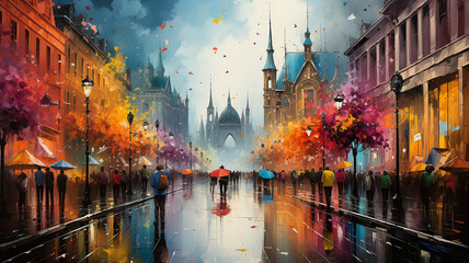 painting people umbrellas autumn rain old town lights - obrazy, fototapety, plakaty