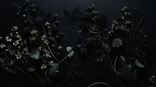 black flowers ornament on dark background gothic style