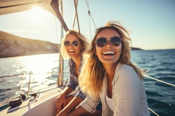 A group of friends enjoy a fun and happy summer vacation on a sailing yacht, filled with laughter and adventure. - obrazy, fototapety, plakaty