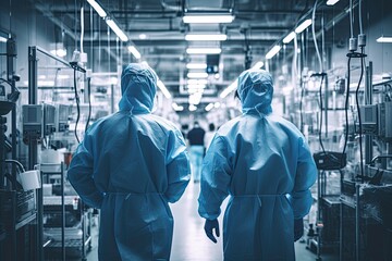 A team of professionals in a modern industrial plant using modern equipment for medical production. - obrazy, fototapety, plakaty