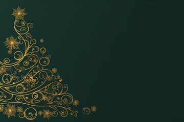 golden elegant Christmas ornament on green background with copy space.Greeting Christmas card