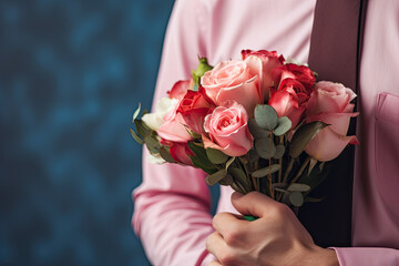 man in a suit holding a bouquet of roses