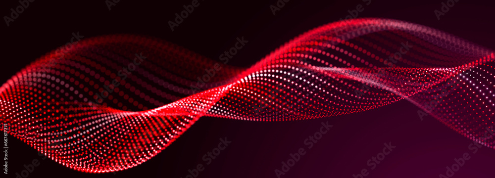 Poster Futuristic dots pattern on dark background. Colored music wave. Big data. Technology or Science Banner. 3D rendering