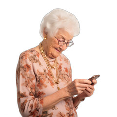 An elderly woman uses a smartphone isolated on transparent or white background, png
