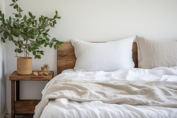 Bed with organic bed linen. Details of modern minimal bedroom - obrazy, fototapety, plakaty