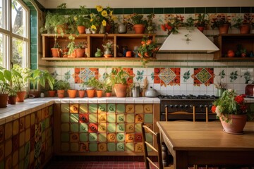 Obraz premium Maximalist style kitchen decorated in bright colors, with flowers and mediterranean design elements
