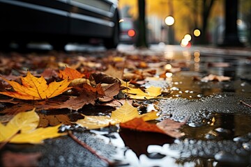 Dry fallen leaves lie on a wet asphalt pavement, against the background of trees, on an autumn morning, in a park. - Powered by Adobe