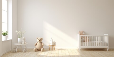 Minimalist nursery room for boy or girl. Baby room interior, in soft pastel colors, scandinavian style