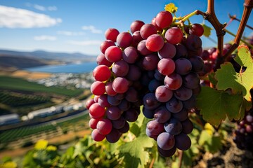 Vineyard during harvest season with ripe wine grapes as panorama background