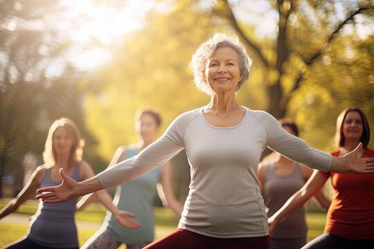 Active graceful Senior Women and Friends Practicing Yoga in Lively Park Stretching muscle health, workout, and training with the retirement community