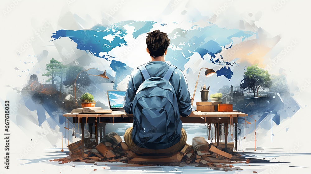 Poster student at the table view from the back learning global drawing picture graphics