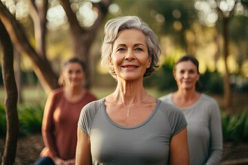 Obraz premium Active graceful Senior Women and Friends Practicing Yoga in Lively Park Stretching muscle health, workout, and training with the retirement community